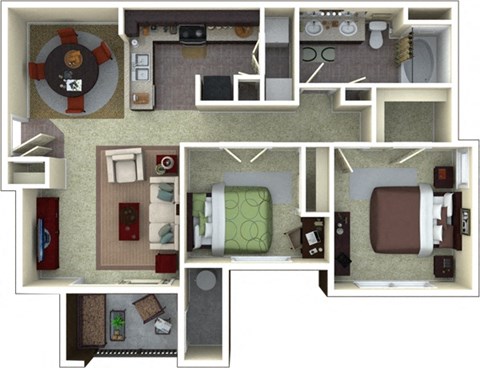 Floor plan for 2 beds, 1 bath, 970 sqft